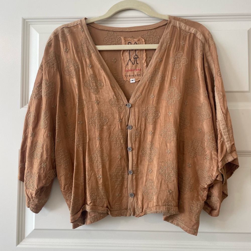 Johnny Was Gold Silk Print Button-Up.
